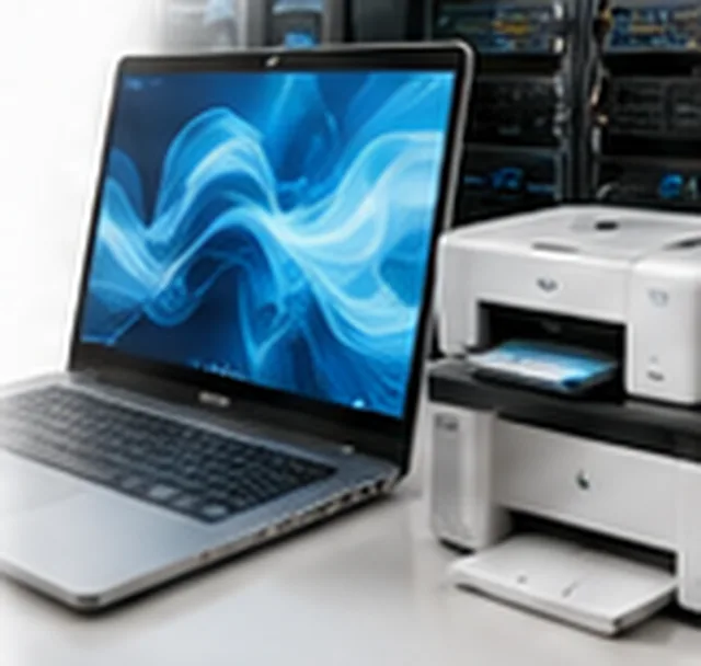 Laptop dan printer di depan rak server