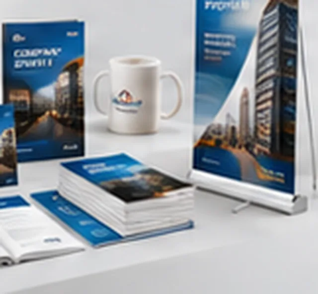 Contoh company profile, brosur, mug, dan roll banner