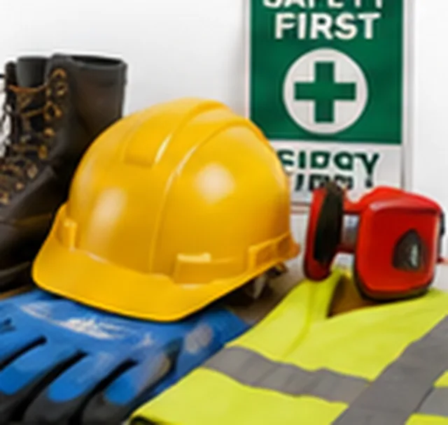 Helm proyek, sepatu safety, sarung tangan, dan rompi